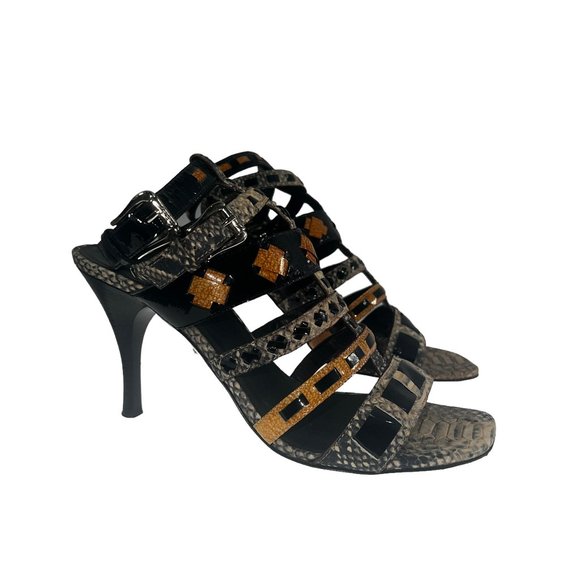 DONALD J PLINER I NEVER Snakeskin Print & Patent Leather Heels Sandals S… - Picture 1 of 12